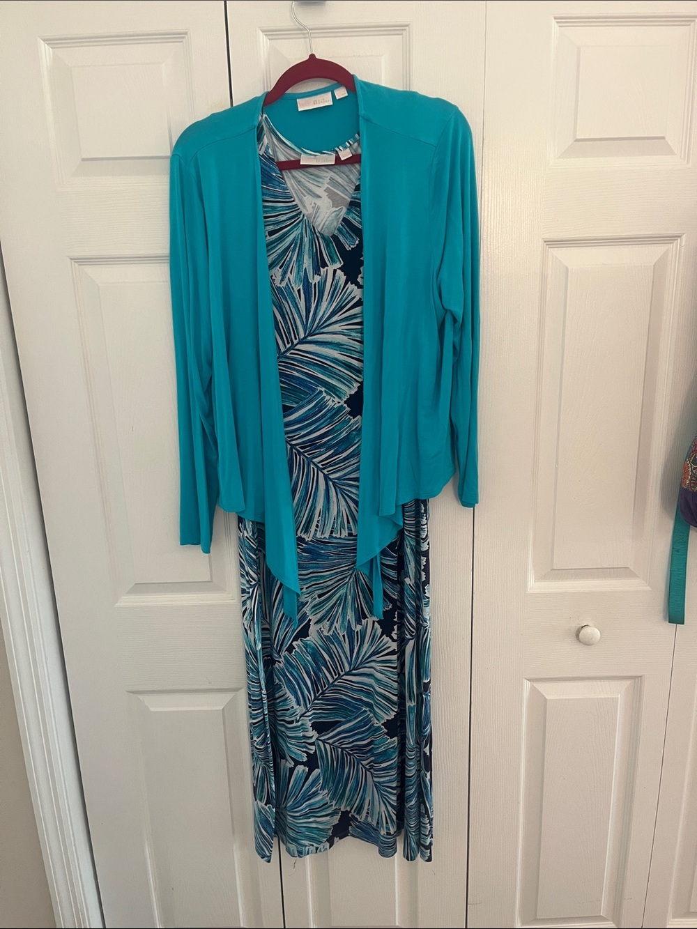 Belle by Kim Gravel Teal Palm-Print Maxi Dress with Teal Open Cardigan